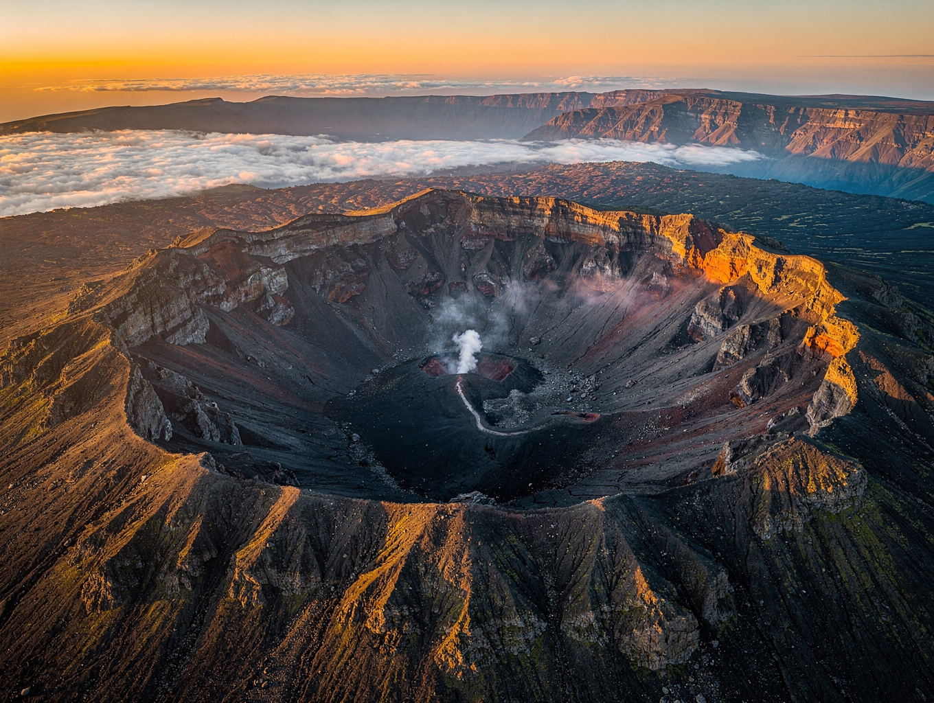 Volcanic caldera and smoking crater of Mount Bromo under moody twilight sky