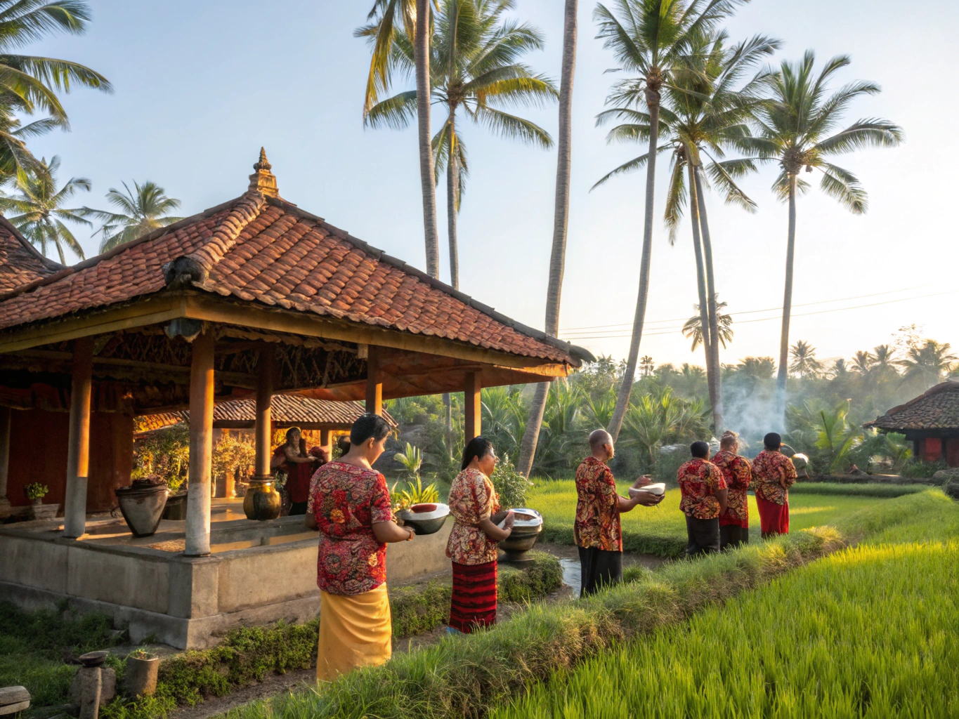 Traditional Javanese cultural heritage ceremony with temple stone carvings in background