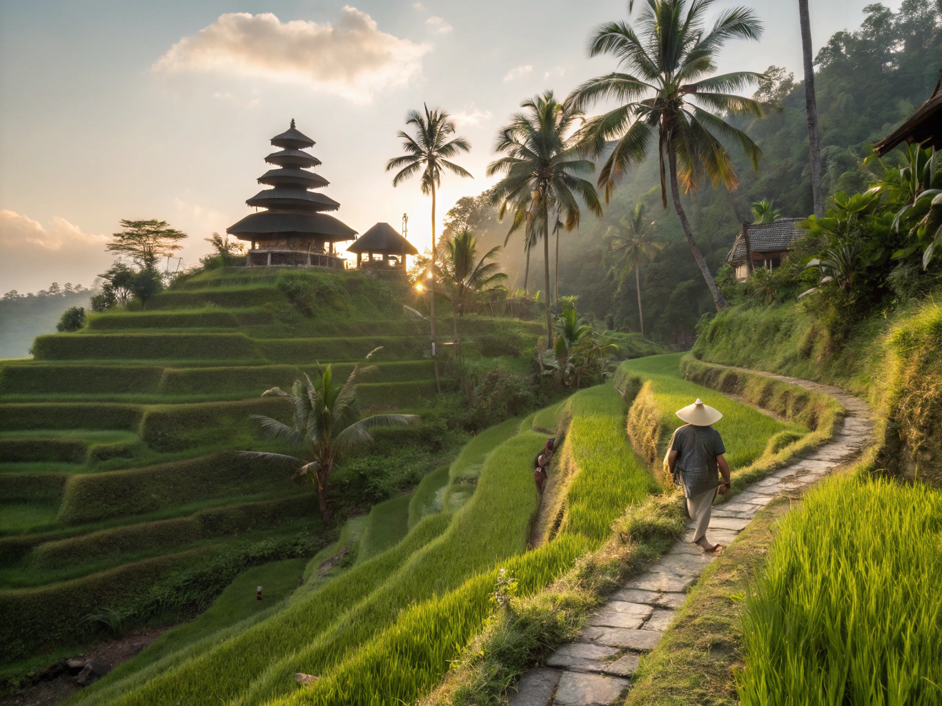 Terraced emerald rice fields carved into green volcanic slopes