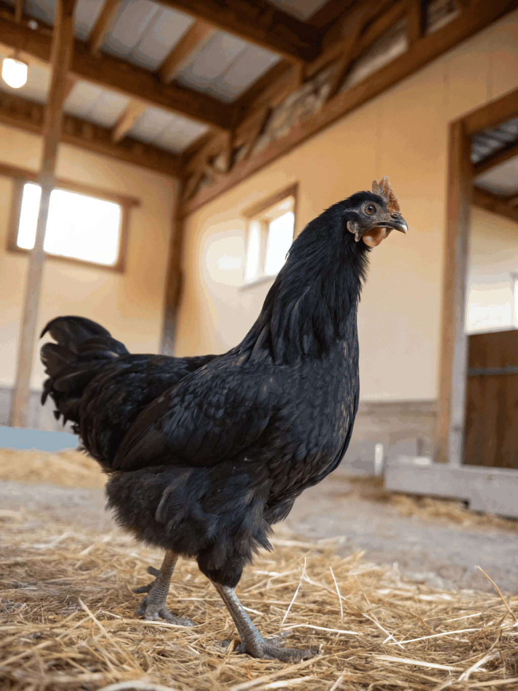 Prize Ayam Cemani rooster showcasing pure black plumage and heritage conformation