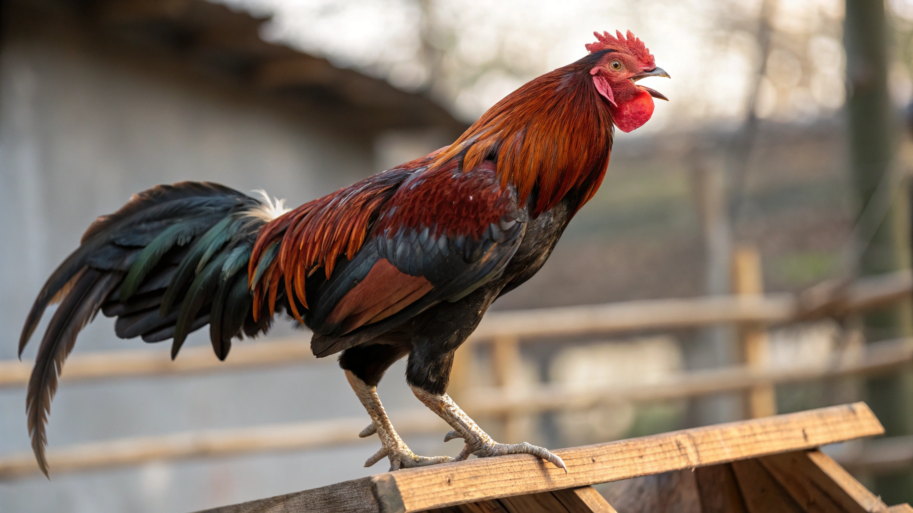Ayam Cemani rooster with shimmering obsidian black plumage perched in studio light