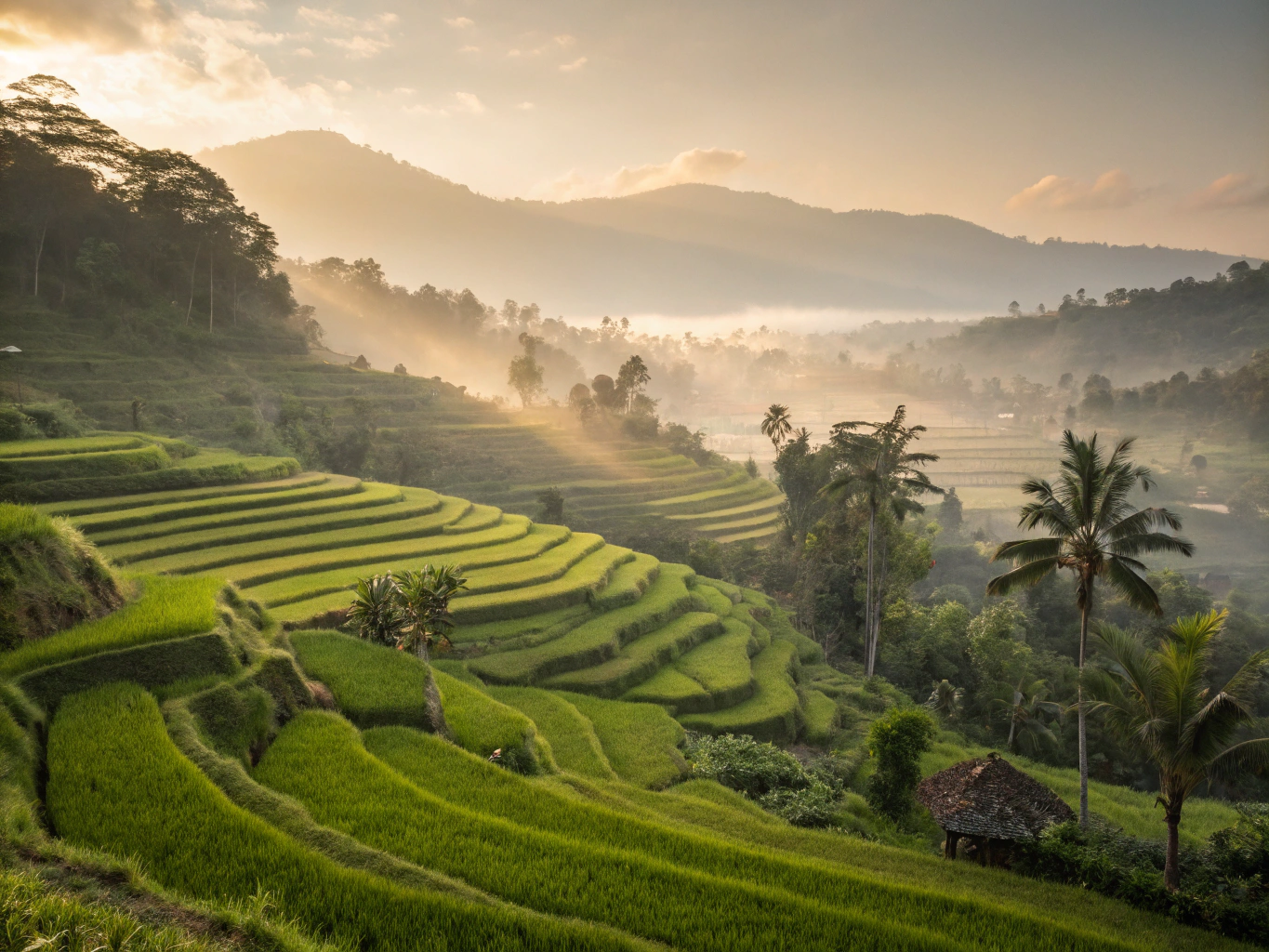 Kedu Central Java rice terraces with lush green landscape and morning sun