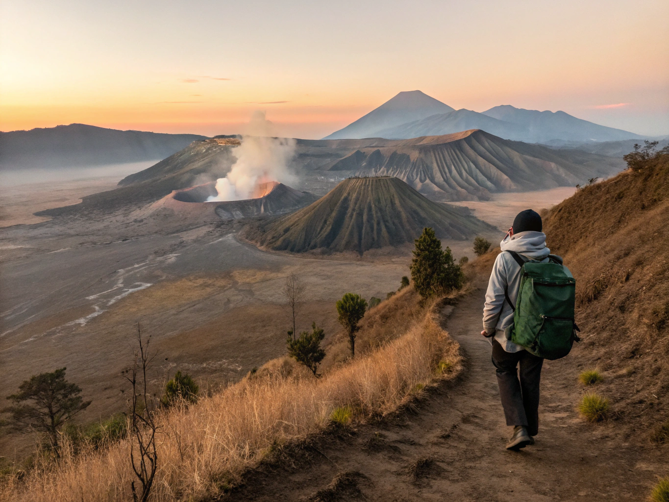 Mount Bromo misty terraced foothills with dramatic volcanic landscape in East Java