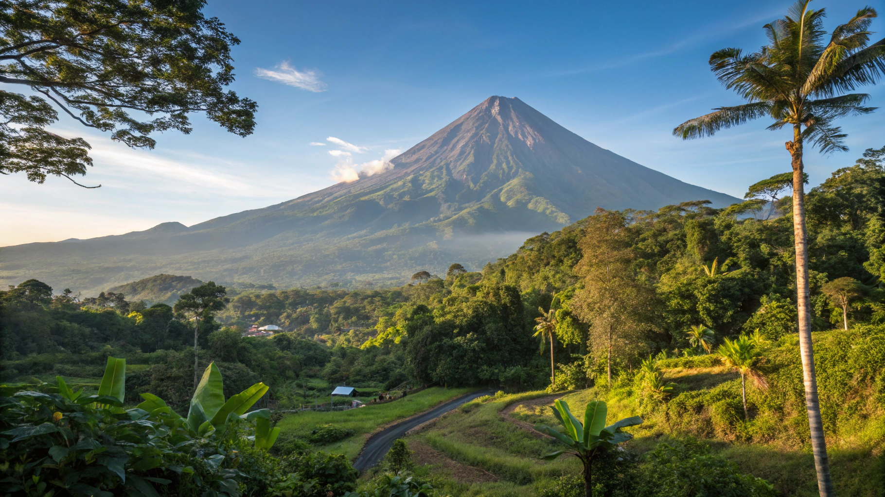 Panoramic Mount Merapi volcanic foothills under dramatic tropical skies